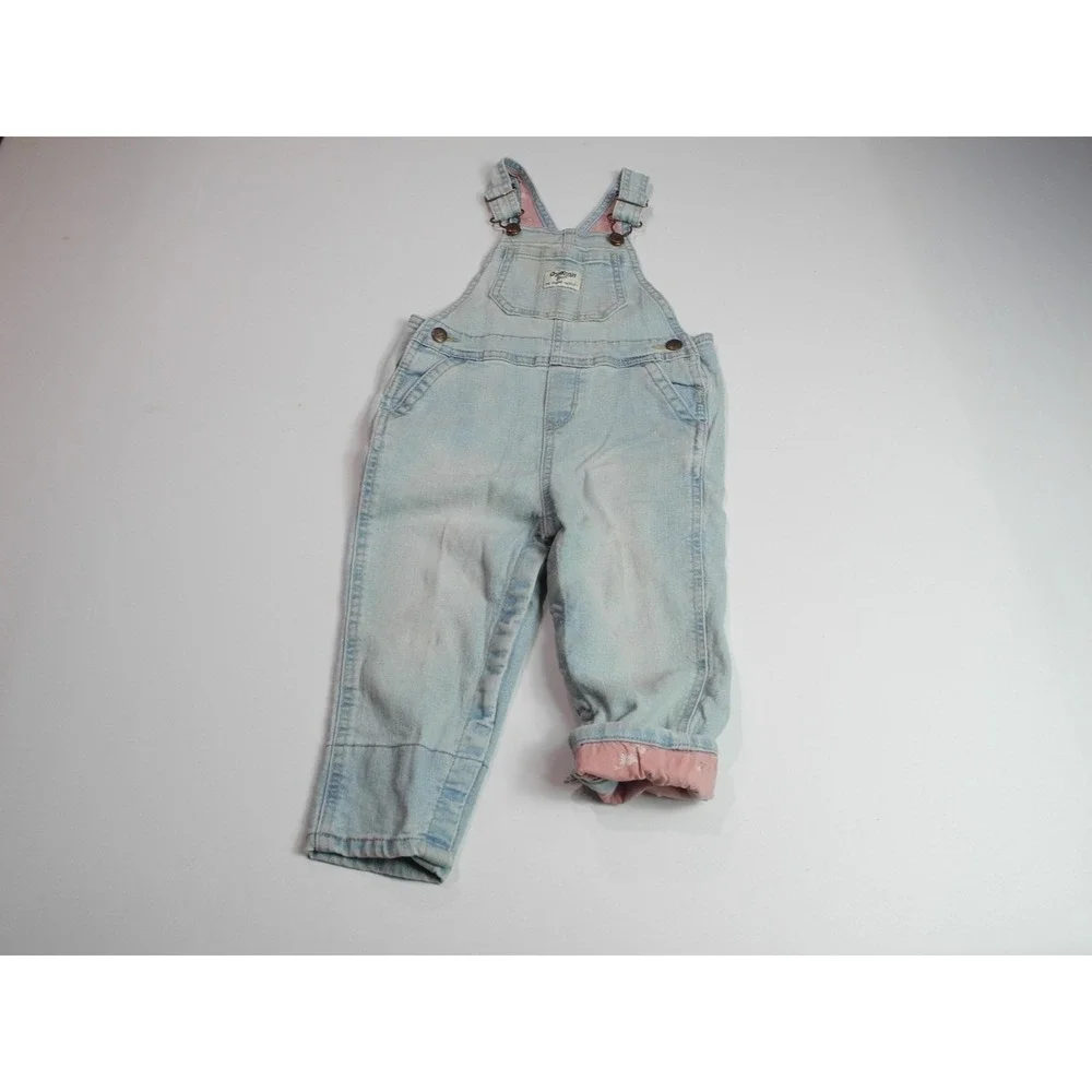 OshKosh B'gosh Overalls Girls 24M Denim Jean Lined Pink Floral Cuffed Vintage